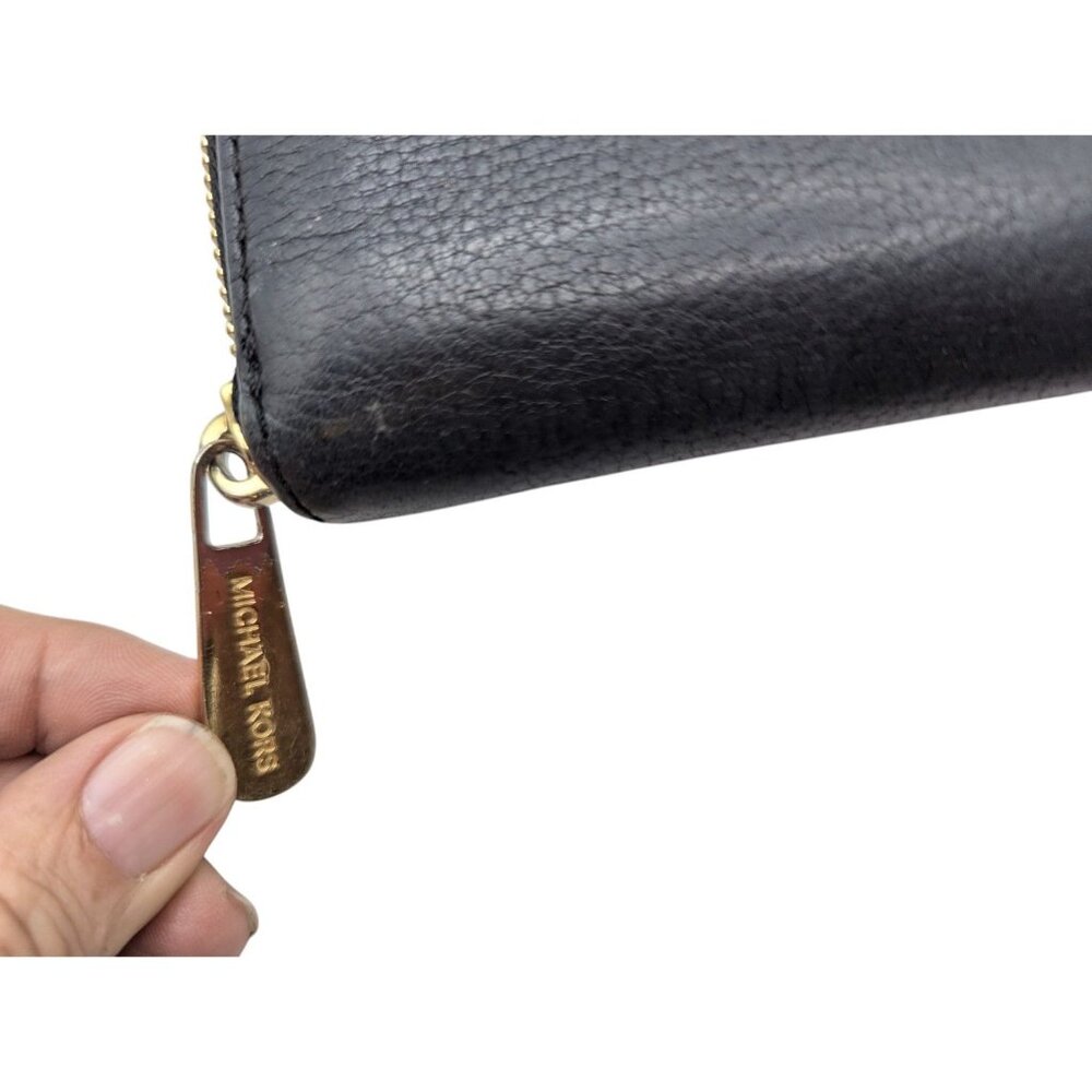Michael Kors Black Pebbled Leather Zip-Around Wallet With Gold MK Logo & Multipl - Picture 5 of 11